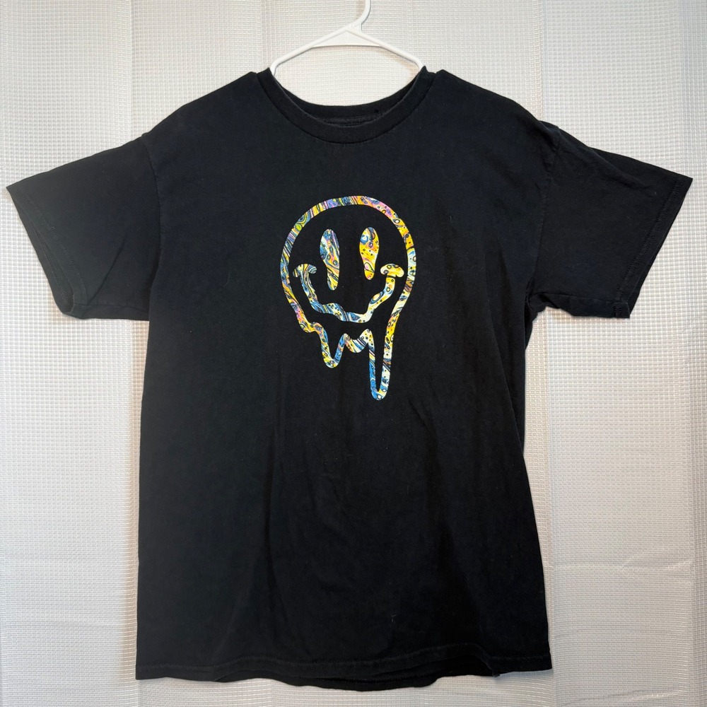 POPULAR POISON Mens Black Trippy Melting‎ Smiley Face Graphic T Shirt Large